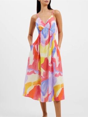French Connection Pink Multi Watercolor Midi Dress